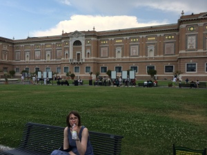 A beautiful courtyard with milkshake-drinking-woman for scale